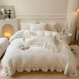 elvesmall French Vintage Double Layer Lace Ruffles Carved Velvet Duvet Cover Set Winter Bedding Set Plush Quilt Cover Bed Sheet Pillowcase