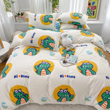 elvesmall  Kawaii Kids Bedding Set Soft Cotton Flat Fitted Sheet Duvet Cover Pillowcases Single Queen Cartoon Boy Girls Dormitory Bed Linen