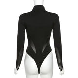 srczz Sexy Wild Women Bodysuit Long Sleeve See Through Skinny Mesh Patchwork Vacation Party Club Streetwear Bodycon Tops Black