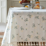 elvesmall  Cotton Blend Tablecloth Beige Floral Printed Washable Farmhouse Table Cover for Wedding Party Living Room Baby Shower Decoration