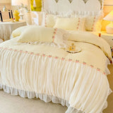elvesmall Light Luxury French Four-piece Bedding Set Washed Cotton High-grade Fairy Bed Cover Bed Solid Color Bed Sheet Quilt Cover