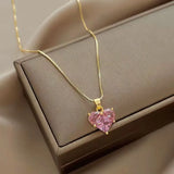 elvesmall Fashion Earrings Necklaces Set for Women Heart-shaped Zircon Pink Crystal Pendant Necklace Women's Jewelry Exquisite Gift