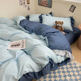 elvesmall Ins Princess Bedding Set 2024 New Duvet Cover Fresh Blue Solid Color Floral Wrinkled Yann Bed Set Of Four Pieces Bed Sheets