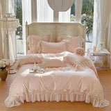 elvesmall Egyptian Cotton Wedding Bedding Set, Romantic French Lace Ruffles, Flowers Embroidery, Duvet Cover, Bed Sheet, Pillowcases