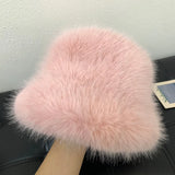 elvesmall y2k Fluffy Faux Fur Bucket Hat Women Rabbit Fur Warm Thick Plush Winter Hat Lady Luxury Fashion Party Panama Fisherman Cap