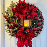 elvesmall 30cm Christmas Wreath With Lantern Front Door Garland With Large Bow Seasonal Ornament Christmas Decoration For Front Door Wall