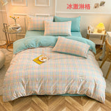 elvesmall  3/4Pcs Skin Friendly Microfiber Duvet Cover Set, Washed Cotton Craft, Double Queen King Plaid Bed Cover Bed Linen Bedding Set