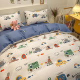 elvesmall  Kawaii Kids Bedding Set Soft Cotton Flat Fitted Sheet Duvet Cover Pillowcases Single Queen Cartoon Boy Girls Dormitory Bed Linen