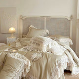 elvesmall  100%Cotton 1000TC French Vintage Chic Bedding White Ruffle Lace Comforter Cover Soft Bed Sheet 2 Pillowshams Double Queen King