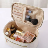 elvesmall PU Leather Cosmetics Bag Large Capacity Makeup Organizers Women Toiletries Organizer Waterproof Female Plaid Storage Makeup Case