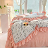 elvesmall Fashion Flower Bedding Set Bed Sheet Cute Princess AB Double Sided Ruffle Flower Quilt Cover Pillowcase Bedclothes Home Textiles