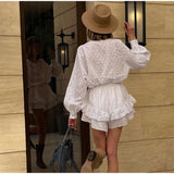 srczz  Long Sleeved Shirt Shorts Sets Women Summer Stand Collar Single Breasted White Blouse Suits Casual Vacation 2 Pieces Set Outfit