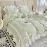 elvesmall INS Korean Princess Style Bedding Kawaii Ruffle Lace Bed Skirt Duvet Cover Solid Color Queen Size For Girls Woman Home Textiles