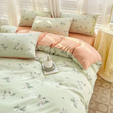 elvesmall Double-layer Cotton and Linen Bedding Set Four-piece Floral Washed Cotton Quilt Cover Net Celebrity Bed Sheet Student BeddingSet