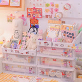 elvesmall Kawaii Large Capacity Transparent Drawer Type Desktop Organizer Desk Storage Box Pen Holder School Cute Office Stationery
