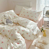 elvesmall New Floral Double Gauze 100% Cotton Bedding Set Breathable Fresh Queen Duvet Cover Set with Sheets Quilt Cover and Pillowcase