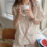 elvesmall  Korean Style Sleepwear Women Pajamas Shorts Sets Floral Pijama Loungewear Cute Summer Two Piece Set Ruffle Night Wear Home Suit