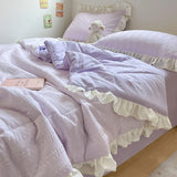elvesmall 1/3Pc Pink Korean Style Princess Lace Ruffles Soft Seersucker Summer Quilt Single Double Queen Quilted Summer Comforter Blanket