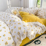 elvesmall French Golden Sunflower Floral Lace Seersucker Bedding Set Washed Cotton Four-piece Set Student Bed Sheet Three-piece Set