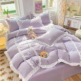 elvesmall  Kawaii Korean Bedding Sets No Filling Ins Princess Style Lace Bow Duvet Cover Fitted Sheet Girl Woman Home Bedroom Bed Linens