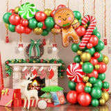 elvesmall Christmas Balloon Garland Arch Chain Set Red Green Gold Candy Balloons with Gingerbread Man Candy Cane and Lollipop Decorations