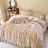 elvesmall  Korean Style Pink Lace Bedspread Bedding Set King Queen Luxury Princess Duvet Cover Bed Skirts Bedcloth Soft Cotton Home Textile