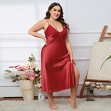 elvesmall  Large size Women Sleepwear Summer Homewear Solid Satin Seemless Midi Nightdress Plus Size Spaghetti Strap Nightgown 60-75kg