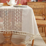 elvesmall Rustic Table Cloth Rectangle Hollow Splicing Farmhouse Style Washable Tassel Tablecloth Kitchen Dining Room Christmas Decoration