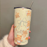 elvesmall  -  Kawaii Bear Sainless Steel Thermos Insulated Tumbler For Ice Coffee Tea Beer Juice Cute Korean Water Bottle Cup With Straw 550ml