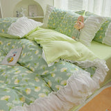 elvesmall  INS Princess Style Flower Bedding Set Duvet Cover With Ruffle Lace Bed Sheet Pillowcases Kawaii Girl Woman Bedroom Home Textiles