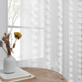 elvesmall  Vertical Striped White Hair Ball Sheer Curtain for Small Window Kitchen Voile Drape Flower Cutting Design