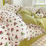 elvesmall Cute Strawberry Duvet Cover Set Floral Style with Flat Sheet Pillowcase No filler Queen Double Girls Boys Home Decor Bed Linens