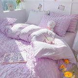 elvesmall Princess Bedding Set  French Style Wash Cotton Solid Color Seersucker Summer Soft  New Bed Sheet Set Comforter Set