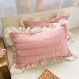 elvesmall  Pink Lace Ruffle Bedding Set Luxury Bed Skirt Sheet Bedspread Korean Duvet Cover Girls Princess Bedspread Pillowcases