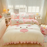 elvesmall Korean Princess Fengshui Washed Cotton Pure Four-piece Lace Quilt Cover Cartoon Bed Three-piece Set