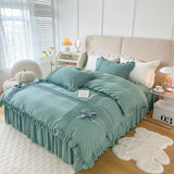 elvesmall 100% Cotton Solid Color Vintage Ruffled Duvet Cover Farmhouse Rustic Comforter Cover Geometric Stripes Bedding Set with 2 Sham