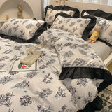 elvesmall Floral Duvet Cover Set 4pcs Soft Ruffle Vintage Flower Bedding Set Light Luxury Reversible Comforter Cover with Zipper Closure