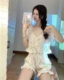 elvesmall  Floral Pajama Sets Women Lace V-neck Crop Sweet Girls Elegant Summer Daily Home Sleepwear Casual Shorts Cozy Chic Ins Stylish