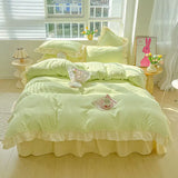 elvesmall Korean Princess Style Bedding Ins Solid Color Duvet Cover Sets With Pillowcae Girls Ruffle Lace Home Textiles Decor Bedroom