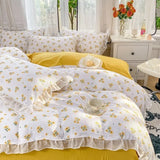 elvesmall French Golden Sunflower Floral Lace Seersucker Bedding Set Washed Cotton Four-piece Set Student Bed Sheet Three-piece Set