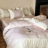 elvesmall -  High-end Satin Bedding Set 100% Cotton Printed Luxury Duvet Cover Set with Sheets Comfor Pleated Lace Quilt Cover and Pillowcase
