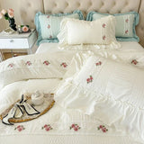 elvesmall French Embroidered Lace Bubble Gauze Bedding Set Pink Elegant Princess Style Queen Duvet Cover Set Ruffled Comforter Cover Sets