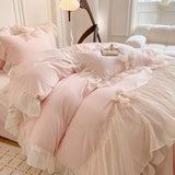 elvesmall Korean Style Princess Lace Bow Bedding Set Pink Sweet Girl Chiffon Ruffles Duvet Cover Bed Sheet Pillowcase Wedding Home Textile