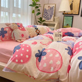 elvesmall Ins Pink Strawberry Bedding Set Cartoon Bear Duvet Cover Sheet Twin Full Size Boys Girls Bed Linen Soft Polyester Home Textiles