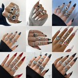 elvesmall Vintage Punk Metal Multi Element Ring Set For Women Men Antique Silver Color Butterfly Snake Skull Finger Rings Gothic Jewelry