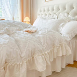 elvesmall  100% Cotton Korean Princess Solid White Bedding Sets Ruffle Bedspread Flower Embroidered Duvet Cover Bed Skirt Pillowcases