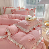 elvesmall  Pink Kawaii Bedding Set, Princess Ruffle Bed Covers, Full Set, Washed Cotton Quilt Cover, Sheet, Pillowcase Decor Bedroom