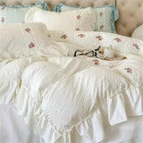 elvesmall  Princess Soft Seersucker Bedding Set Girls Elegant Lace Duvet Cover With Sheet Soft Washed Cotton French Romantic Home Textiles