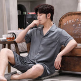 elvesmall  Summer Men's Pajamas Suit Short Sleeve Ice Silk Sleepwear Set Thin Loose Satin Solid Two Piece Home Night Clothing Male Teen