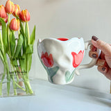 elvesmall Korean Style Ins Niche Hand-painted Tulip Bleed Orchid Hand-kneaded Ceramic Cup Office Cute Mug Household Simple Dessert Cup